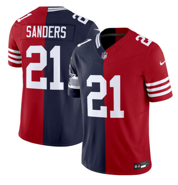 Women's Dallas Cowboys X 49ers #21 Deion Sanders Navy/Red Split F.U.S.E. Vapor Limited Stitched Jersey(Run Small）